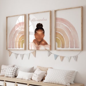 Set of 3 Boho Black Girl Prints, African American Little Princess, Boho Rainbow Wall Art, Soft Watercolour Princess Themed DIGITAL Decor