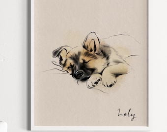 Deutscher Schäferhund Welpe Druck: Vintage Hund Zeichnung (Digitaler Download)