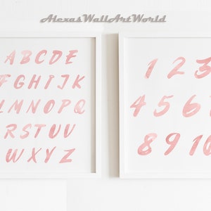 Pink Alphabet and Numbers Prints, Set Of 2 Prints, Blush Pink Alphabet Poster, Wall Art For Girls, Girls Room Wall Decor, Pink Nursery Decor