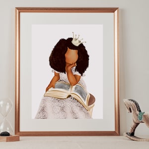 African American Princess Reading, Girl Book Reading, Black Girl Magic, Young Queen Art Print, Personalized Princess Printable, Love Read