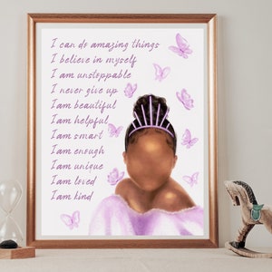 African American Girl With Butterflies Print, Positive Affirmation, Melanin Queen, Black Girl Magic DIGITAL Wall Art, Personalized Princess