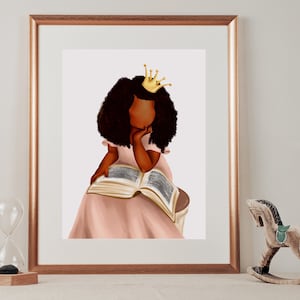 African American Princess Reading Book, Reading Girl, Black Girl Magic, Young Queen Art Print, Personalized Princess Printable, Love Read