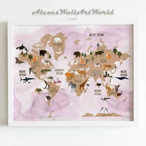 Mapa mundi de animais em aquarela para meninas, pôster educacional infantil, ilustração de mapa mundi para sala de jogos, impressão de berçário de criança, mapa safari