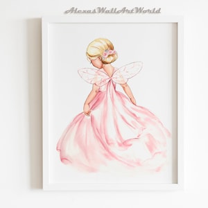 Blonde Fairy Wall Art,  Blush Pink Fairy Toddler Girl Bedroom Art, Watercolour Fairy Princess Print, Custom Name Nursery Decor