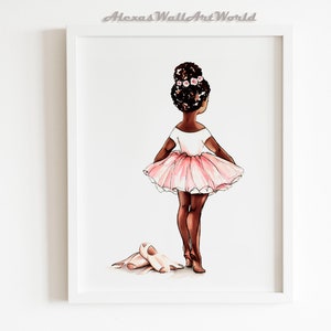 African American Ballerina Art, Personalized Ballerina Prints, Ballerina With Rose Print, Wall Art for Girls, Black Ballerina Watercolor