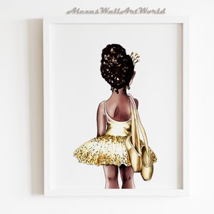 African American Ballerina Art, Gold Ballerina Prints for Girls Room, Black Ballerina Wall Art, Dark Skin Ballet nursery print, Personalized