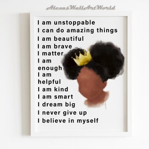 Personalized Name Positive Affirmations Wall Art, African American Young Queen Print, Black Girl Magic, Baby Girl Bedroom Decor, DIGITAL