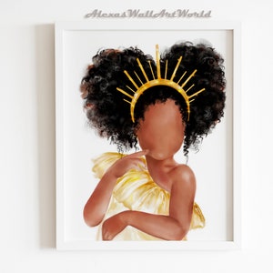 African American Princess Girl Wall Art, Black Girl Magic, Young Queen Art Print, Gold Halo Crown, Black Toddler Girl Bedroom Wall Art