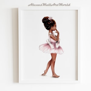 African American Ballerina Princess Wall Art,  Black Ballerina Print, Toddler Girl Bedroom Decor, Ballet Dancer Print For Girl Room
