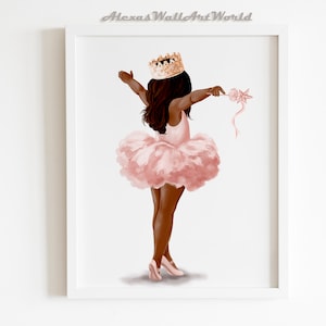 Princess Ballerina Girl Nursery Print, Dark Skin Little Fairy Princess, Black Girl Magic, Toddler Girl Bedroom, African American Art