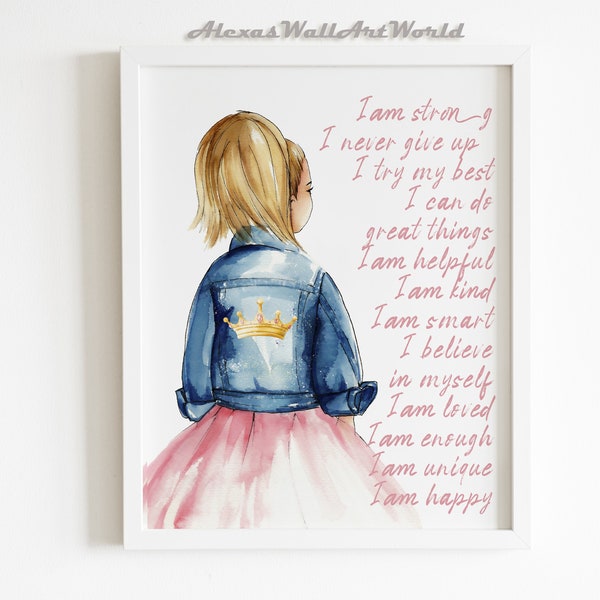 Personalized Name Positive Affirmations Wall Art, Girl Bedroom Affirmation Printable, Watercolor  Nursery Decor, Inspirational Poster