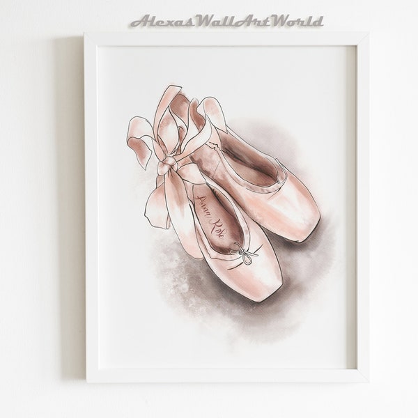 Personalized Name Ballet Shoes Art, Ballerina Slippers Wall Art, Blash Pink Ballerina Nursery Decor, Soft Watercolor Ballerina Shoes