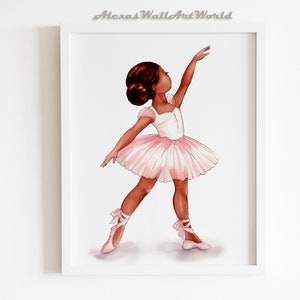 Black Ballerina Wall Art Little Girl Nursery Decor, Dark Skin Ballerina Watercolor Illustration, African American Toddler Girl Bedroom Decor