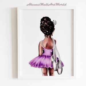 Black Ballerina Wall Art, Little Girl Nursery Decor, African American Wall Art, Purple Tutu Dress, Watercolor Ballerina, Black Girl Room Art