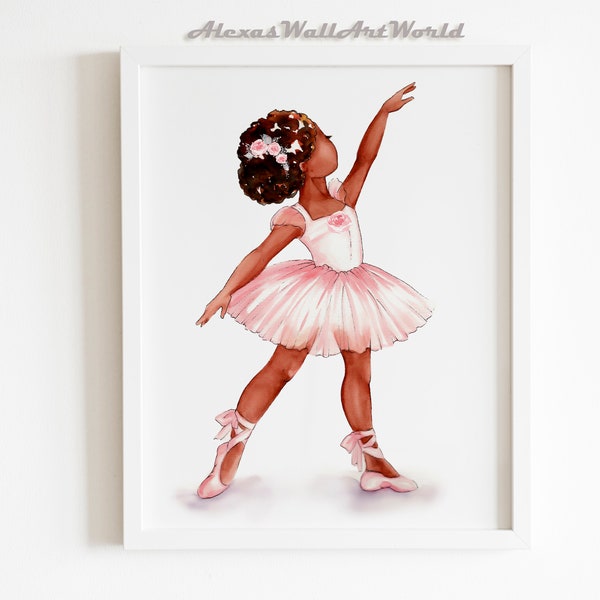 African American Ballerina Art, Ballerina With Rose Print, Black Ballerina Wall Art, Afro Natural Hair Ballet Print, Toddler Girl Bedroom