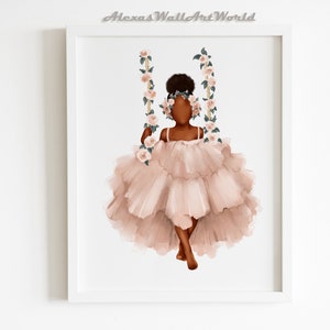 Flower Crown Afro Girl Print, Black Girl Magic, African American Flower Head Girl on Swing, Young Queen Art Print, Custom Princess Printable