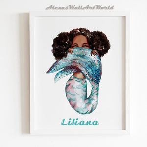 African American Mermaid Print, Personalized Name Mermaid Bathroom Wall Decor, Nursery Personalized Art, Toddler Bedroom Wall Art