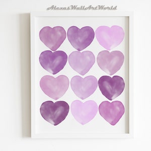 Watercolor Hearts Print, Boho Heart Wall Art, Purple Boho Nursery Printable Wall Art, Girls Nursery Decor, Toddler Girl Bedroom Wall Art