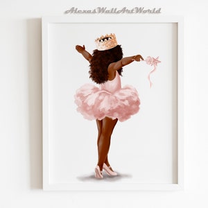 African American Little Princess Ballerina Girls Print, Blush Pink Fairy Ballerina Nursery Decor, Watercolor Fairy Princess