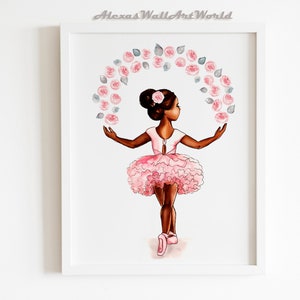 African American Ballerina Art, Ballerina With Roses Print, Dark Skin Girls Bedroom Prints, Toddler Girl Wall Art, Pink Girls Room Poster