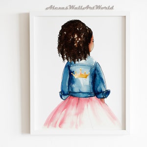 May include: Watercolor illustration of a young girl with brown curly hair wearing a blue denim jacket with a gold crown on the back and a pink tulle skirt.