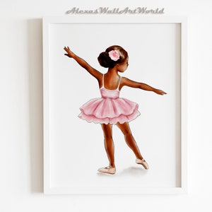 African American Ballerina Art, Ballerina With Rose Print, Wall Art for Girls, Black Ballerina Watercolor Illustration, Toddler Girl Bedroom