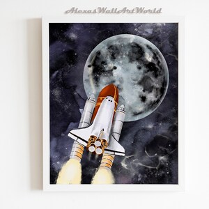 Spaceship Wall Art Print Boys Room Decor, Watercolor Outer Space Nursery Wall Art, Space Shuttle, Moon Art Printable, DIGITAL Download