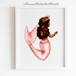 Mermaid Bathroom Printable Wall Art, African American Baby Girl Room Wall Decor,  Toddler Girl Bedroom Print, Custom Mermaid Wall Art