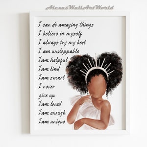 African American Girl Daily Affirmations Wall Art,Personalized Name Positive Affirmations Printable, Black Girl Magic, Toddler Girl Bedroom