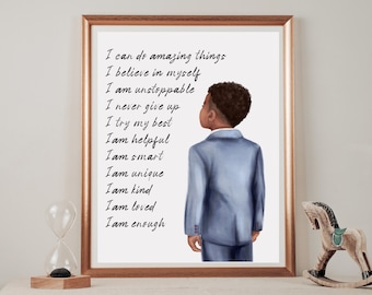 Boy Personalized Name Positive Affirmations Print, Affirmations For Kids, Black Boy Joy DIGITAL Poster, Daily Affirmation, African American