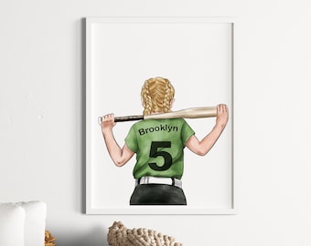 Softball Baseball Player Wall Art, Custom Hair and Skin Color, Sports Nursery Art, Softball Gift Idea, Personalized Name Toddler Girl Print