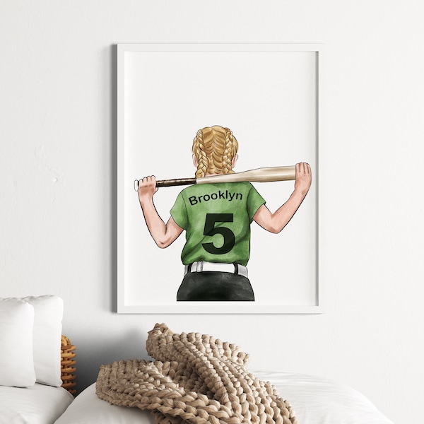 Softball Baseball Player Wall Art, Custom Hair and Skin Color, Sports Nursery Art, Softball Gift Idea, Personalized Name Toddler Girl Print