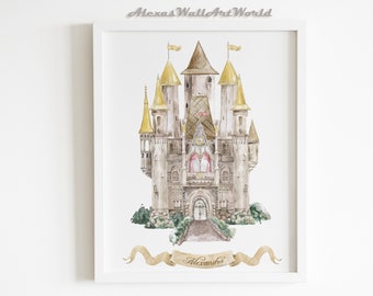 Personalized Princess Castle Print, Watercolor Nursery Decor (Digital Download)