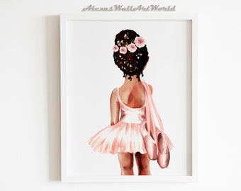 African American Ballerina Art, Ballerina With Rose Print, Little Girl Nursery Decor, Toddler Girl Bedroom Wall Art, Ballerina Watercolor