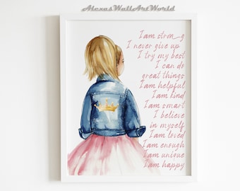 Personalized Name Positive Affirmations Wall Art, Girl Bedroom Affirmation Printable, Watercolor  Nursery Decor, Inspirational Poster