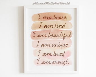 Positive Affirmations Wall Art, Girls Bedroom Affirmation Print, Watercolor Boho Nursery Decor, Inspirational Poster, Motivational Quote