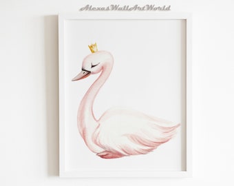 Blush Pink Swan Princess Wall Art Print, Girl Nursery Decor, Ballet Dancer Bedroom Printable Wall Art, Ballerina Themed Nursery Poster