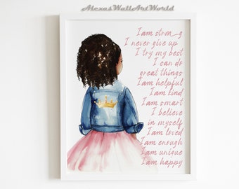 Personalized Name Positive Affirmations Wall Art, Black Girl Magic, African Young Queen Printable, Inspirational Poster, Motivational Quote