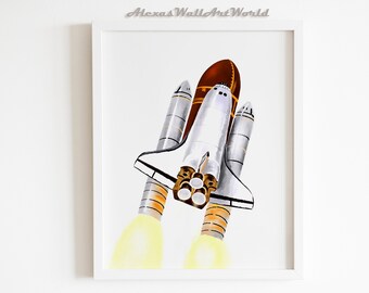 Space Shuttle Wall Art, Space Themed Nursery Decor, Rocket Printable Poster, Spaceship Boys Bedroom Art, Space Shuttle Illustration
