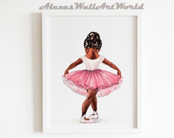 Black Ballerina Wall Art, Afro Ballerina Girls Nursery Decor, Toddler Girl Wall Art, African American Art Print, Nombre personalizado Nursery