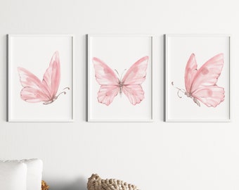 Watercolor Butterfly 3 Prints Set, Blush Pink Nursery Decor (Digital Download)