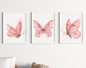 Watercolor Butterfly Prints, Set of 3, Hot Pink Wall Art (Digital Download)