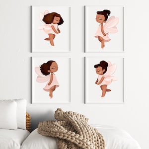 Set of 4 Girls Room Prints, African American Little Fairy Princess, Blush Pink Fairy Themed Girl Nursery Decor, DIGITAL Wall Art