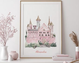 Watercolor Princess Castle Print  Pink Fairy Tale Nursery Decor Girl's Bedroom Poster Castle Nursery Above Crib Art Digital Download