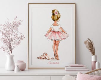 Arte de pared de bailarina, decoración de habitación infantil de bailarina en rosa rubor, póster digital para habitación de bailarina de ballet infantil