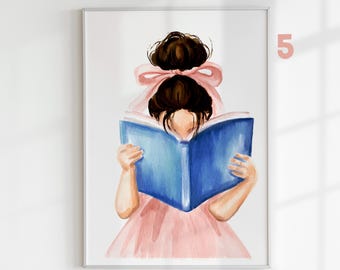 Little Girl Reading Book Watercolor Painting of Custom Toddler Wall Art Book Nook Gift Print Pink Girly Reading Corner Poster Inspiring Art