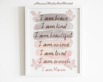 Pink Positive Affirmations Print, Personalised Name Girls Bedroom Decor (Digital Download)