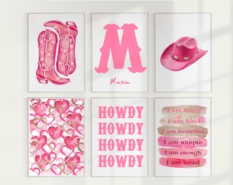Rosa Küsten-Western-Druck-Set, personalisierter Name, Western-Druck, Cowgirl-Hut & -Stiefel, Cowgirl-Dekor (Digital)