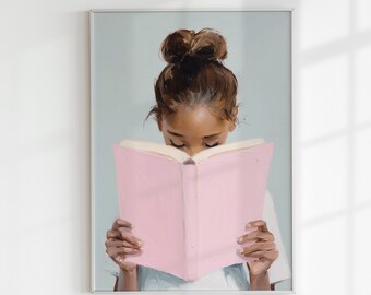 Black Girl Reading Art Print, Afro-Amerikaans kind: girly pastelkamerdecor (digitale download)