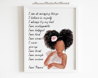 Personalized Name Positive Affirmations Printable, African American Girl Affirmations Wall Art, Black Girl Magic, Toddler Girl Bedroom Decor